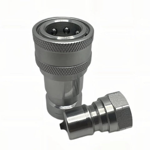 Gray metal 1/4" NPT ISO7241-B hydraulic quick-connect coupling set with knurled finish and dust caps