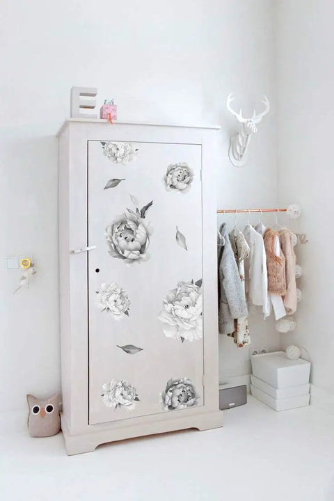 Easy Peel And Stick Black And White Peony Watercolor Wall Decals Set Of 8 on white wardrobe door in nursery room
