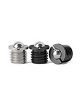Pro Grade Flanged Ball Head Dowel Pins 10 Pack Push On Spring Indexing Plungers heavy duty stainless steel pins displayed in three color finishes.