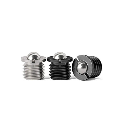 Pro Grade Flanged Ball Head Dowel Pins 10 Pack Push On Spring Indexing Plungers heavy duty stainless steel pins displayed in three color finishes.