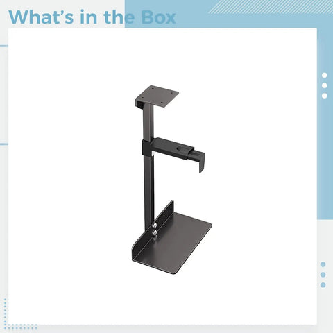 Tough As Nails Under Desk CPU Bracket in black, showcasing adjustable height, sturdy steel design for desktops.