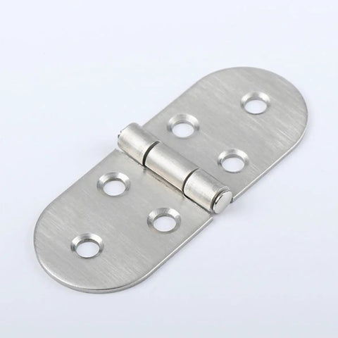 Close-up of stainless steel folding table top hinge, part of two-piece pack for desktops and folding tables, high hardness butt hinge.