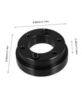 Black steel racing steering wheel adapter plate for cars with measurements, durable wheel adapter easy install for better handling.