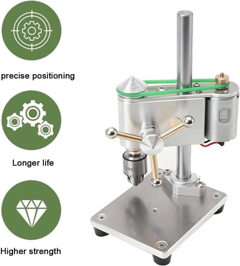 Tiny Benchtop Drill Press Precision Watch Repair Tool Adjustable Speed Up To 4500Rpm with aluminum frame and adjustable handle.