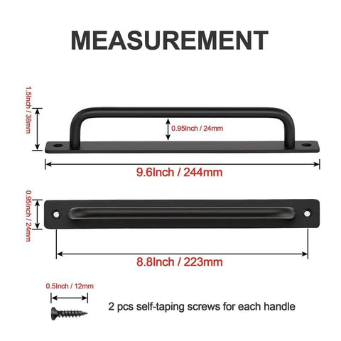 Diagram of 2 Pack Barn Door Handles For Sliding Doors In Black With Plate Zinc Alloy Rust Resistant Pull Handles Hole Center 8.8"
