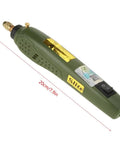 Premium Mini Electric Drill And Rotary Tool Kit With Instant Speed Change for Grinding Polishing Carving Etching viewed side-on with measurements.