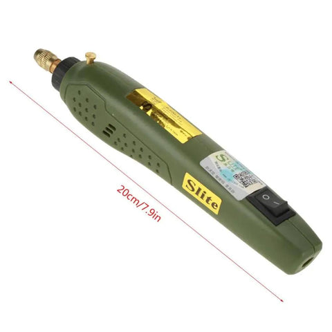 Premium Mini Electric Drill And Rotary Tool Kit With Instant Speed Change for Grinding Polishing Carving Etching viewed side-on with measurements.
