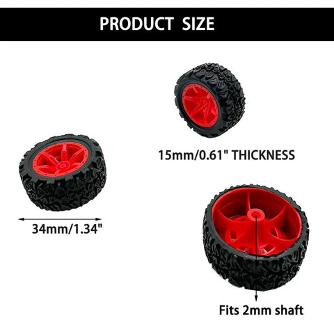10 Pcs 34mm Rubber RC Car Wheels With 2mm Shafts And 5 Rod Axles Kit, showing size and fit details.