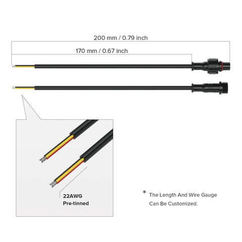 3 Pin Electrical Connector Kit 22AWG IP65 Waterproof with dimensions and pre-tinned wires visible