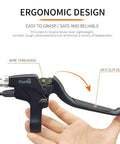 Hand holding electric bike brake lever with cutoff sensor, aluminum handle, rubber grip, black matte finish, 2-pin waterproof plug.
