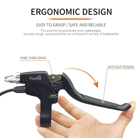 Hand holding electric bike brake lever with cutoff sensor, aluminum handle, rubber grip, black matte finish, 2-pin waterproof plug.