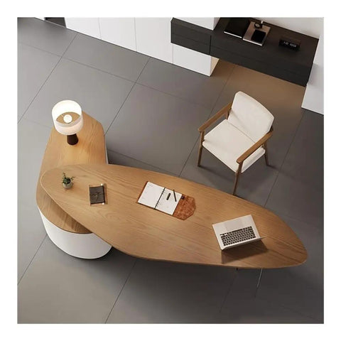 Heavy Duty Standing Desk With Side Cabinet Storage Modern Ash Wood Executive Office Workstation For Gaming And Study Flexible Layout With Ergonomic Monitor Riser 240cm Surface from above with chair and desk items.