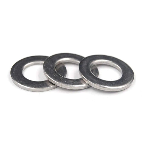 Stainless Steel Flat Washers Set For Metric Bolts And Screws M4 4.3mm 9mm 0.8mm 50 Pieces Durable For Sealing And Repair Hardware Ideal For Auto DIY And Home Projects, three washers on white