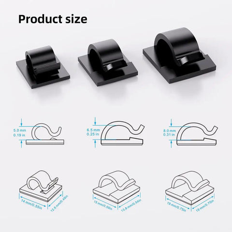 Three sizes of black adhesive cable clips for cord management, shown with measurements, part of 100 Pcs Assorted Adhesive Cable Clips Set