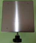Front view of 8x8 in stainless steel lab jack stand top plate with corner screws and height-adjustment knob