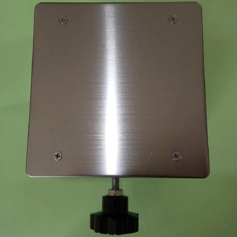 Front view of 8x8 in stainless steel lab jack stand top plate with corner screws and height-adjustment knob
