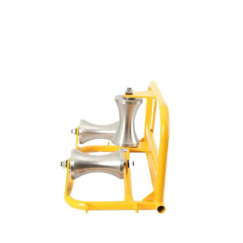 Heavy-Duty Steel Cable Puller Sheave For Large Scale High V And Construction Projects with yellow frame and steel pulleys.