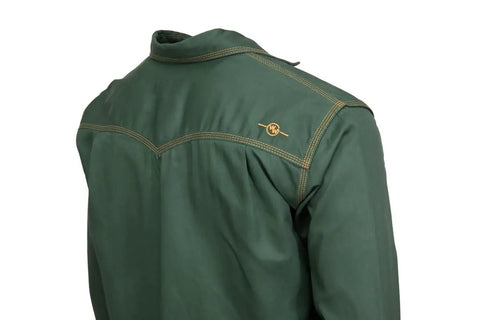 Back view of Grind-Ready Lightweight Western Style Welding Shirt With Triple-Stitched Durability, Relaxed Fit, Army Green, XL.