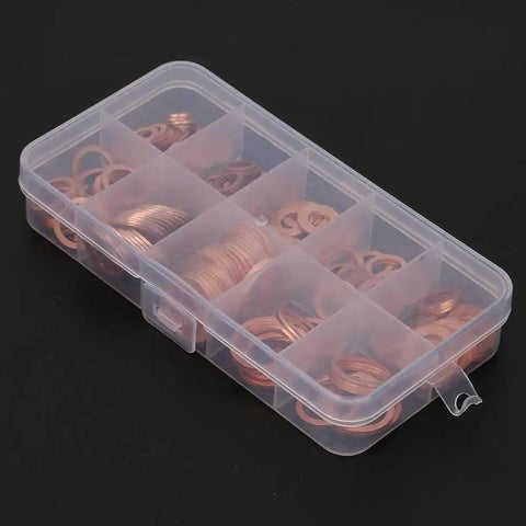 Top Rated 200 Piece Copper Washer And Gasket Assortment Kit Metric M5 To M14 Flat Ring Seals Hardware Tool With Durable Storage Box Perfect For DIY Home Repair Jobs And Quick Car Fixes On A Tight Budget, clear box