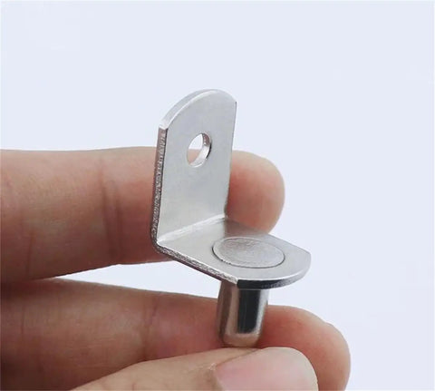 Close-up of Beefy Heavy Duty Cabinet Shelf Brackets with Steel Wall Mount Supports, showcasing angled board pin fixation design.