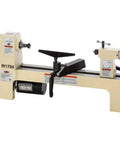 8 Inch Swing Benchtop Wood Lathe With Variable Speed Motor And 13 Inch Tool Rest One Third Horsepower Precision Turning Machine in beige.