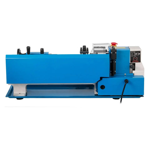 Awesome 550W Mini Benchtop Lathe Metal Works Machine in blue, side view showing controls and stainless steel build, ideal for DIY projects.