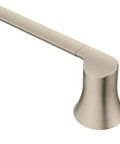 Close-up of Brushed Nickel 24-Inch Towel Bar For Bath Or Kitchen, Durable Corrosion-Resistant Mounting Post, Modern Warm Grey Metallic Finish.