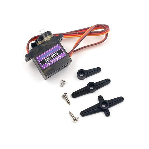 MG90S 9G Micro Servo Motors, 3 Pack, Metal Gear, shown with included screws and control arms, compact size for RC and robotics.