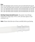 Plastic Hose Barb Fittings Pack Of Eight Barbed Adapters For Air Water And Fuel Lines In Sizes Three Sixteenths Inch One Quarter Inch Three Eighths Inch One Half Inch And Five Eighths Inch Durable Polypropylene with size details.