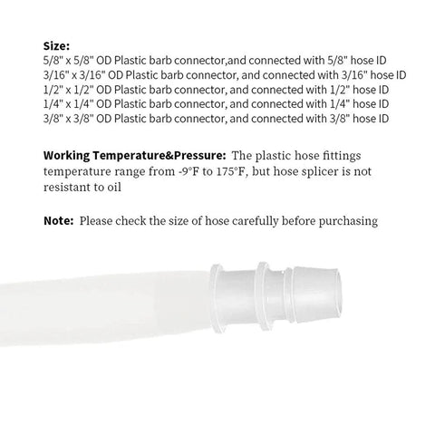 Plastic Hose Barb Fittings Pack Of Eight Barbed Adapters For Air Water And Fuel Lines In Sizes Three Sixteenths Inch One Quarter Inch Three Eighths Inch One Half Inch And Five Eighths Inch Durable Polypropylene with size details.