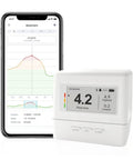 Continuous Home Radon Detector With Battery Power And Display Super Fast Readings For Quick Easy Home Safety Checks EF100 Style Smart Radon Sensor Fast Easy To Read Digital Display And Battery Operated For Portable Home Monitoring, white unit with app graph