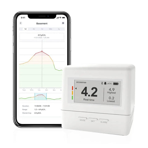 Continuous Home Radon Detector With Battery Power And Display Super Fast Readings For Quick Easy Home Safety Checks EF100 Style Smart Radon Sensor Fast Easy To Read Digital Display And Battery Operated For Portable Home Monitoring, white unit with app graph
