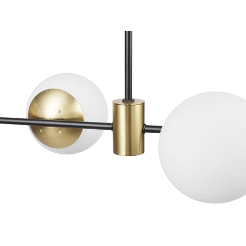 Close-up of Four Light Convertible Flush Mount Chandelier With Matte Black Finish, Brass Accents And Opal Glass Shades