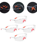 Four Pack Real Deal Fogless Safety Glasses With Thick Padding And Rounded Edges Windproof Splash Goggles showing clear lens with orange accents.