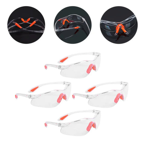 Four Pack Real Deal Fogless Safety Glasses With Thick Padding And Rounded Edges Windproof Splash Goggles showing clear lens with orange accents.