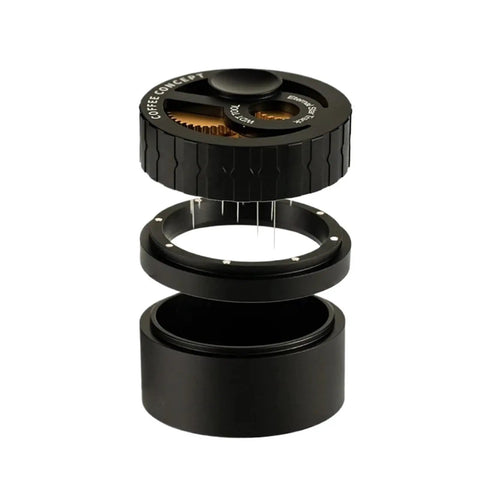 Professional Espresso Coffee Distribution Needle And Grounds Stirrer Tool disassembled showing black stainless steel parts for 51mm 54mm 58mm portafilters.