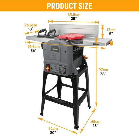 10 Inch Benchtop Planer Jointer Combo With Heavy Duty Stand dimensions showing size and structure, ideal for woodworking tasks.
