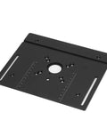 Rock Solid Manual Router Lift For Woodworking Benches Universal 64 To 66 Mm Router Base, black aluminum base plate with measurement markings.