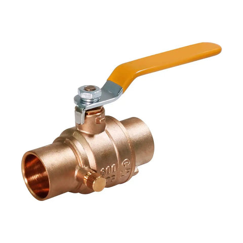 Premium Full Port Brass Ball Valve With Drain 3/4 In SWT X 3/4 In SWT Heavy Duty Forged Brass 150 PSI Steam 600 PSI WOG