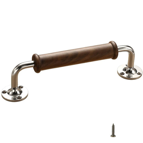 Walnut Wood Door Pull Handle Set For Barn Doors Gates Fence Closets And Sheds Smooth Polished Grip With Brass Accent Heavy Duty 8 Screw Mount Easy Install Indoor Or Outdoor Handrail Replacement, shown with screw