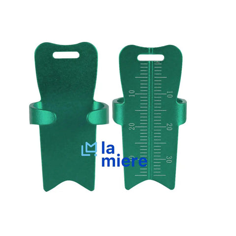 Pro Grade Endo Measuring Ring Aluminum Ruler For Dental Root Canal Length, Adjustable, Precise Endodontic File Measurement Tool, Green Color, Durable Non Toxic Alloy For Dental Pros. Green aluminum endo measuring ring, 0-30 mm scale, front and back view.