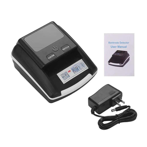 Mini UV Counterfeit Money Detector For USD Euro GBP with LED screen, charger, and user manual