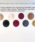 Adhesive Hat Hooks For Wall Or Door Eight Pack Wooden Peg Hat Hangers display hats on a wall, showcasing a variety of styles.
