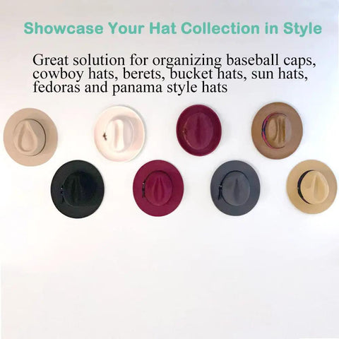 Adhesive Hat Hooks For Wall Or Door Eight Pack Wooden Peg Hat Hangers display hats on a wall, showcasing a variety of styles.