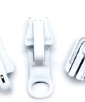 DIY Zipper Repair Kit With Size Five YKK Vislon Reversible Sliders Choose Your Color Includes Three Sliders And Six Top Stops Quick Fix For Jackets And Coats Made In The USA White, showing three white reversible sliders for #5 Vislon zippers.