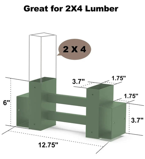 Outdoor Firewood Rack Bracket Kit With Four Support Bars For Wood Pile Storage Heavy Duty DIY Fireplace Log Stacking Stand Holder For 2x4 Lumber Green 1 Pair Weather Resistant Steel shown with dimensions for 2x4 lumber