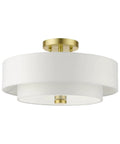 Meridian Collection 3 Light Satin Brass Semi Flush Mount Ceiling Light With Off White Hardback Fabric Shade, front view