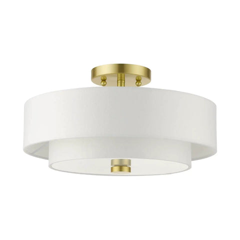 Meridian Collection 3 Light Satin Brass Semi Flush Mount Ceiling Light With Off White Hardback Fabric Shade, front view