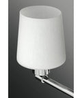 Close-up of Glance Two-Light Bath Vanity Light in Brushed Nickel with Etched Linen Glass Shades, modern design, chrome accents.