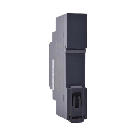 Knockout Ultra Slim Din Rail Power Supply 15W 24V Dc Converter standing side view for industrial control panels and setups.